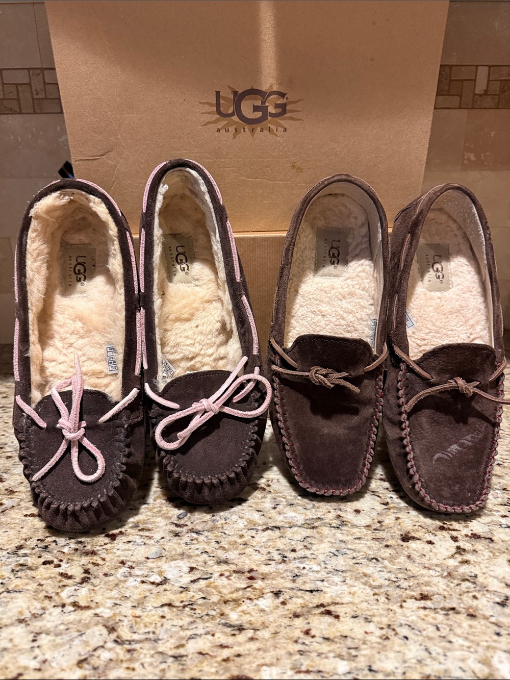 2 pair UGG Brown Suede Moccasin Slippers with Pink Trim and Loafers